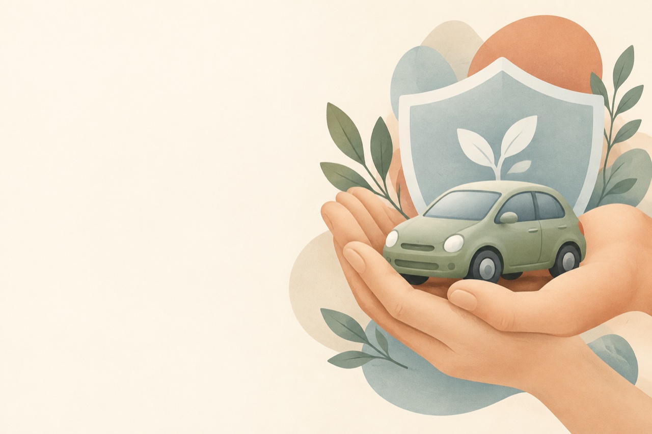 Soft illustration of two gentle hands cradling a small car above a protective shield