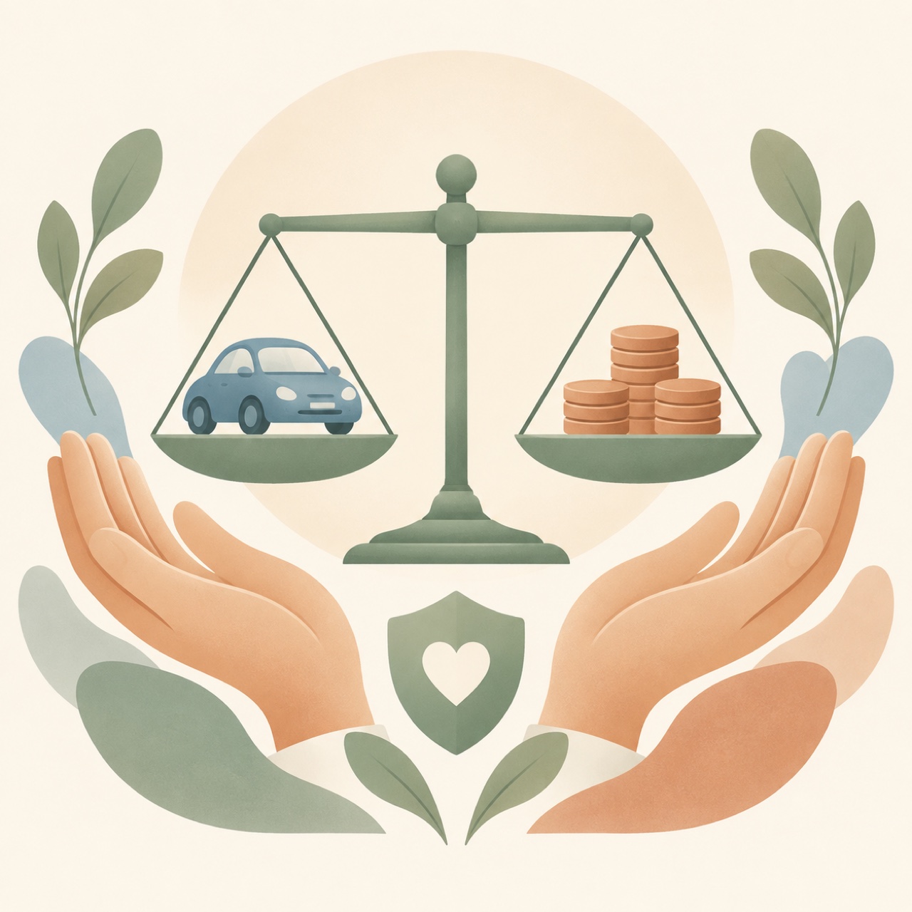 Soft illustration of a balance scale holding a small car on one side and coins on the other, perfectly level