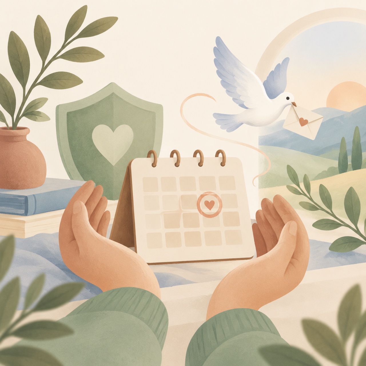 Soft illustration of a desk calendar with one gently circled date and a dove carrying an envelope above it