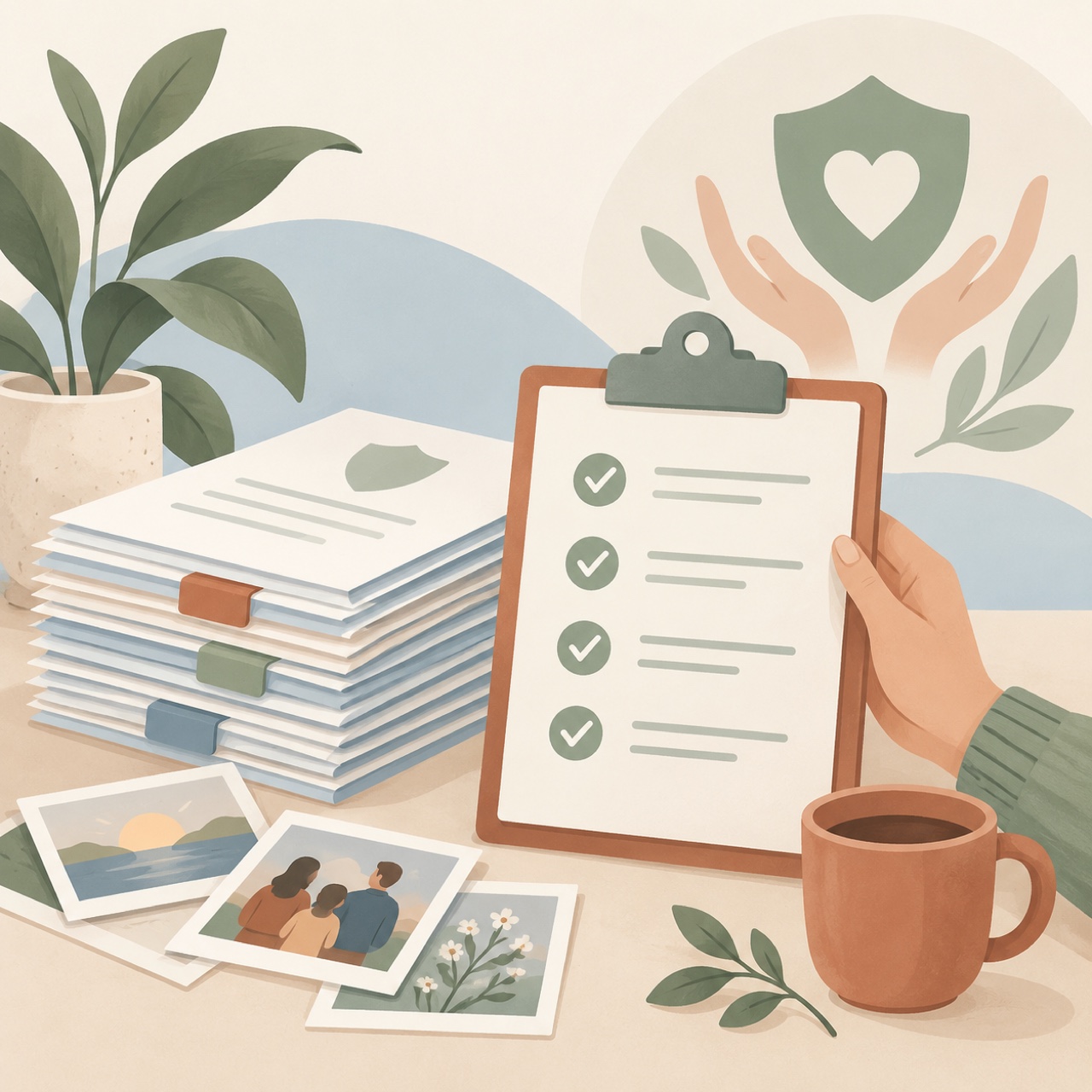 Soft illustration of neatly organized claim papers, photos, and a checklist with round check marks