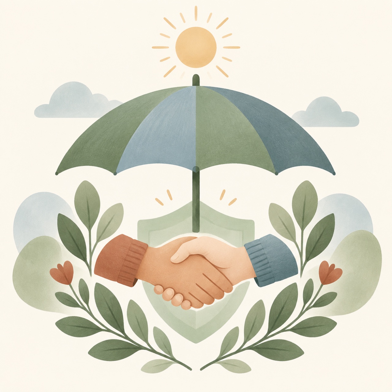 Soft illustration of two hands in a gentle handshake beneath a wide umbrella with a warm sun above
